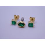 Pair of 18K yellow gold emerald set earrings and similar 18ct yellow gold diamond and emerald pendan