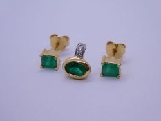 Pair of 18K yellow gold emerald set earrings and similar 18ct yellow gold diamond and emerald pendan