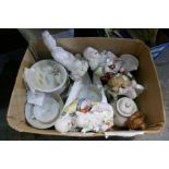 Box of various oriental sundries to include ceramic buddhas, Japanese teaware, etc