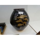 GEOFREY WHITING, a large globular style art pottery vase with brown glaze, 25cm, His stoneware piece