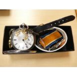 Hallmarked silver pocket watch with enamelled dial, a selection of watches and a George V medal to C