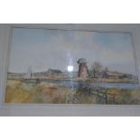 A watercolour of derelict windmill, probably Norfolk Broads, by Keith Johnson and 3 other watercolou