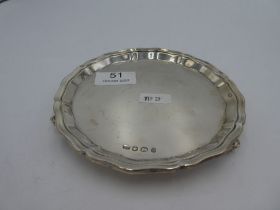 A silver Viners Ltd tray of circular form standing on three acanthus leaves scroll feet. Hallmarked