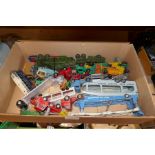 A box of playworn model cars, mostly Corgi