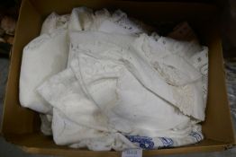 One box and a bag of vintage linen, etc