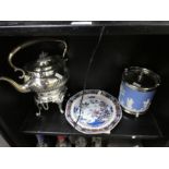 A Victorian silver plated kettle on stand, a Jasperware biscuit barrel and a Chinese plate