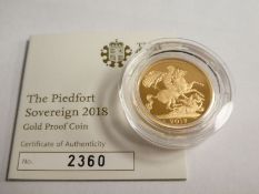 The Royal Mint The Piedfort Sovereign 2018 Gold Proof coin, with Certificate of Authenticity number