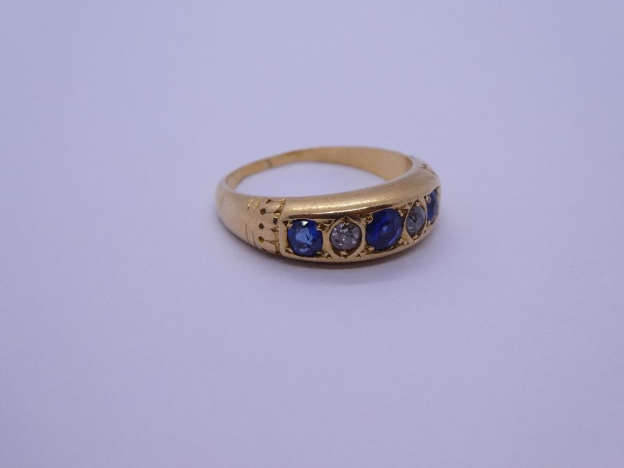 18ct yellow gold Sapphire and diamond ring, marks worn, size L/M, 2.7g approx - Bild 2 aus 4