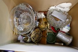 Two boxes of mixed glass china, metalware