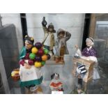 Two Royal Doulton figures of 'Schoolmarm' and 'The Old Balloon Seller', also a Lladro 'Gres' figure