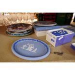 Quantity of blue Wedgwood Jasperware to include Christmas plates, trinket box, various other plates