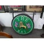 A large modern circular double side hanging pub sign for the Raj, diameter 91cm