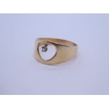 9ct yellow gold ring with cut out heart and single diamond, size M/N, Birmingham, maker EJC, approx