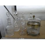 A selection of decanters and antique engraved celery base and a Villeroy & Boch biscuit barrel