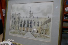 A selection of china plates and a selection of framed and glazed prints of Winchester College (453/6