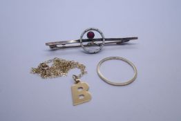 9ct and silver bar brooch with circular silver panel, marked 9ct and silver, approx 1.5g, together w