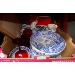 A box of various china, collectables, including binoculars, pictures, costume jewellery and watches
