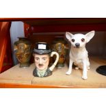 A pair of Japanese Satsuma vases, a Royal Doulton Charlie Chaplin character jug and a Chihuahua dog