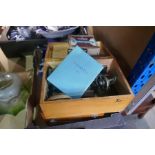 A box of mixed collectables including cut throat razors, etc