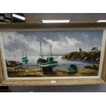 A late 20th Century oil of fishing boats on rocky shoreline signed MAURBES, 78.5 x 38cm and one othe