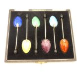 A Barker Brothers Silver Ltd cased set of silver enamel coffee spoons, handles terminating in coffee