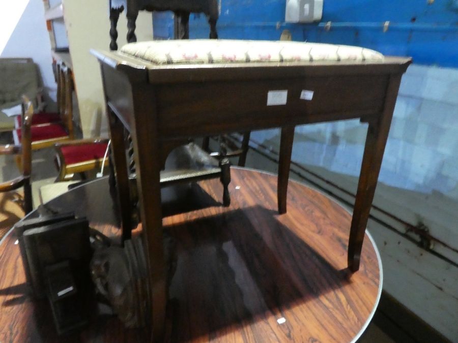 An Edwardian piano stool, 2 pairs of bookends and sundry