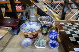A selection of oriental china and metalware