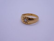 18ct yellow gold Starburst set diamond gypsy ring marked 18ct, maker PFJ, Chester, size P/O, Percy F