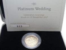 The Royal Mint; Limited Edition 'The Platinum Wedding Anniversary Celebration Sovereign, struck on 2