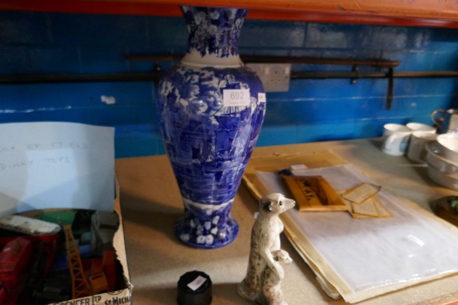 Signed English model of Meerkat and Offspring, large blue and white vase by Wedgwood "Ferrara" desig
