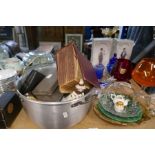 A selection of glass, china, books, postcards and a preserving pan, etc