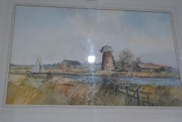 A watercolour of derelict windmill, probably Norfolk Broads, by Keith Johnson and 3 other watercolou
