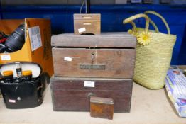 Two wooden boxes, two vintage suitcases, leather covered cigarette case, etc