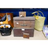 Two wooden boxes, two vintage suitcases, leather covered cigarette case, etc