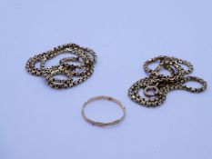 9ct gold box chain AF, broken and unmarked yellow metal wedding band, gross 9.2g approx