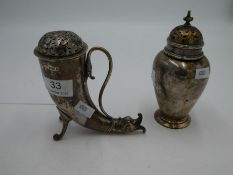 A Victorian novelty sugar sifter of cornucopia form with a duck's head near the handle. Hallmarked H