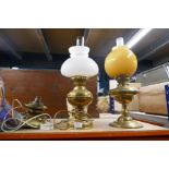 Two converted brass oil lamps, etc