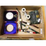 A tray containing Mother of Pearl Opera glasses, cased white metal pocket watch, a 9ct gold cased wa