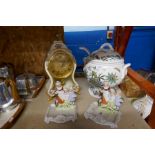 Large Portmeirion lidded tureen and ladle, Elluxa mantle clock and two continental figures