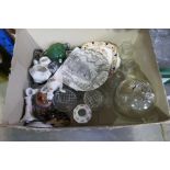 Box of china and glassware including glass flagon, Staffordshire, etc