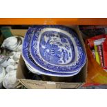 Blue and white meat platters Willow Pattern bowl and other blue and white, plus a box containing ant