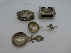 A silver Thomas Hayes box having detailed embossed design of figures and crimped design border Birmi