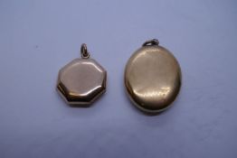 Two yellow metal lockets, one oval example and an octagonal mourning one with inscription Jan 15 184