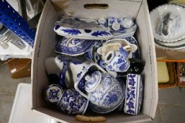 Box blue and white china, some oriental items and box mixed china and novelty and pot, collectors pl
