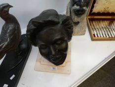 A bronze bust of female laughing on square alabaster base, unsigned, probably mid 20th century, 36cm