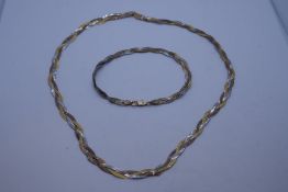 9ct tri-gold necklace and bracelet set comprising three flat links of white, yellow and rose gold