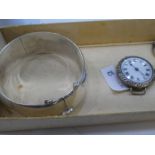 Antique Silver cased watch head with white enamel dial, Silver Egyptian brooch, thick Silver bangle,