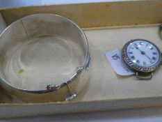 Antique Silver cased watch head with white enamel dial, Silver Egyptian brooch, thick Silver bangle,