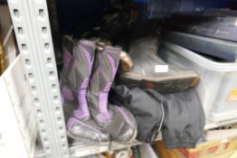 Two pairs of motorcycle boots, leather jackets, trousers, etc