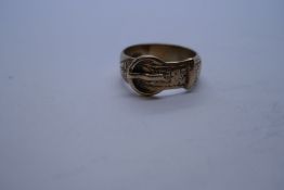 9ct yellow gold buckle ring, marked 374, size O, 4.4g approx
